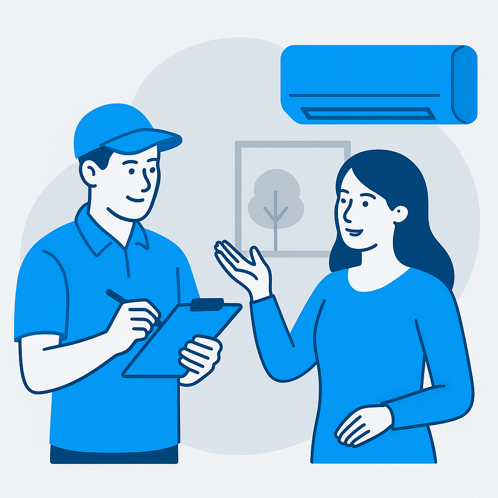 Klímaszerelő és ügyfél helyszíni felmérés közben, közösen választják ki a megfelelő klímaberendezést otthonba