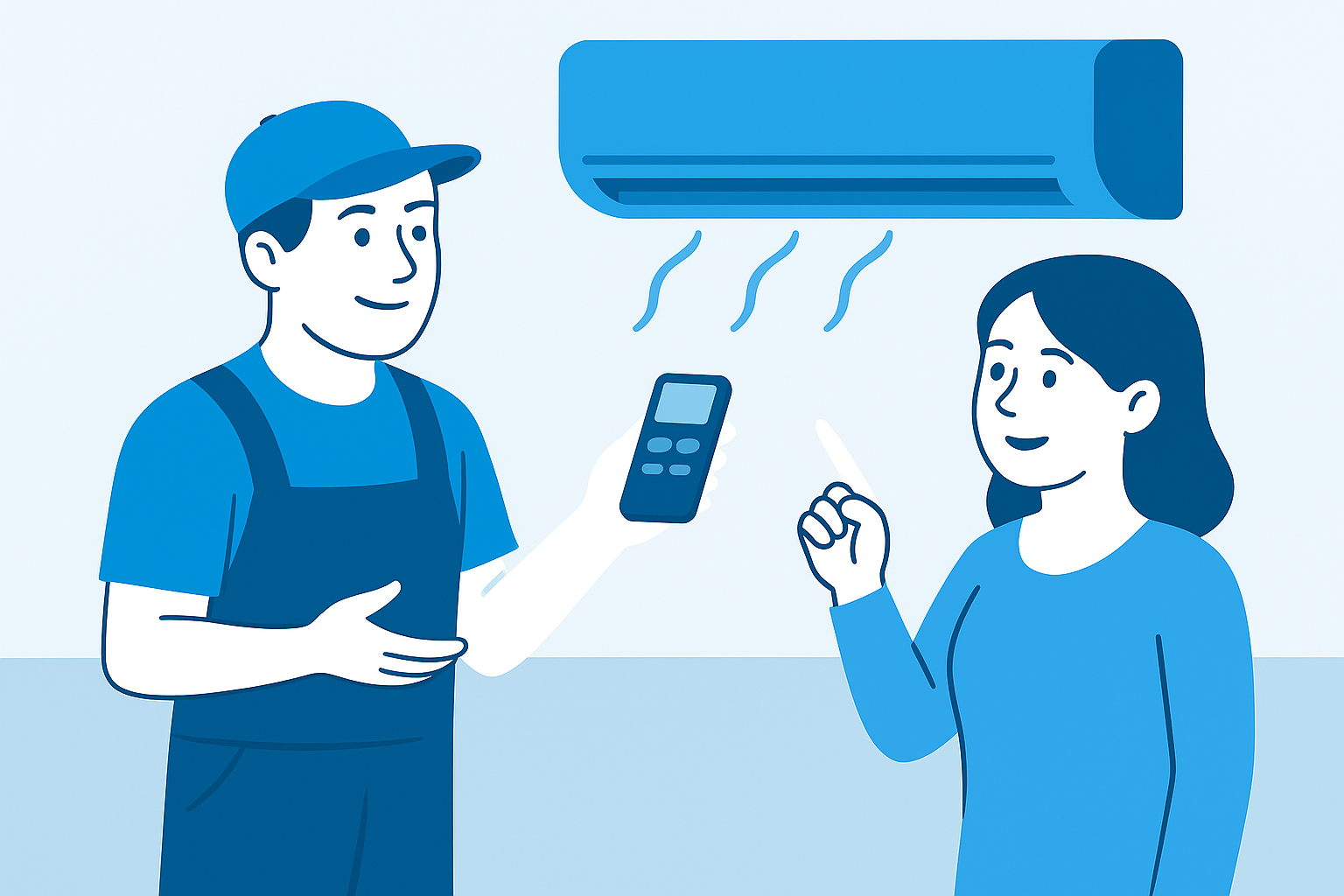Szerelő mutatja be a klímaberendezés távirányítóját egy női ügyfélnek, miközben a készülék működés közben hűti a szobát.