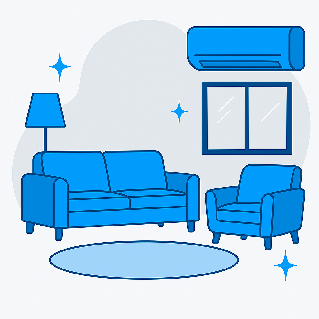 Letisztult nappali klímával, kanapéval és karosszékkel, ami a szerelés utáni tiszta átadást szimbolizálja