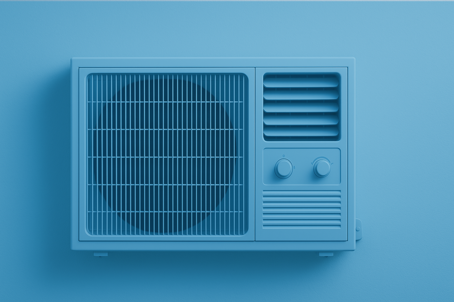 Ablakklíma készülék modern kék háttérrel, elölnézeti kép ventilátorral és vezérlőgombokkal – lakossági és kereskedelmi hűtésre alkalmas.